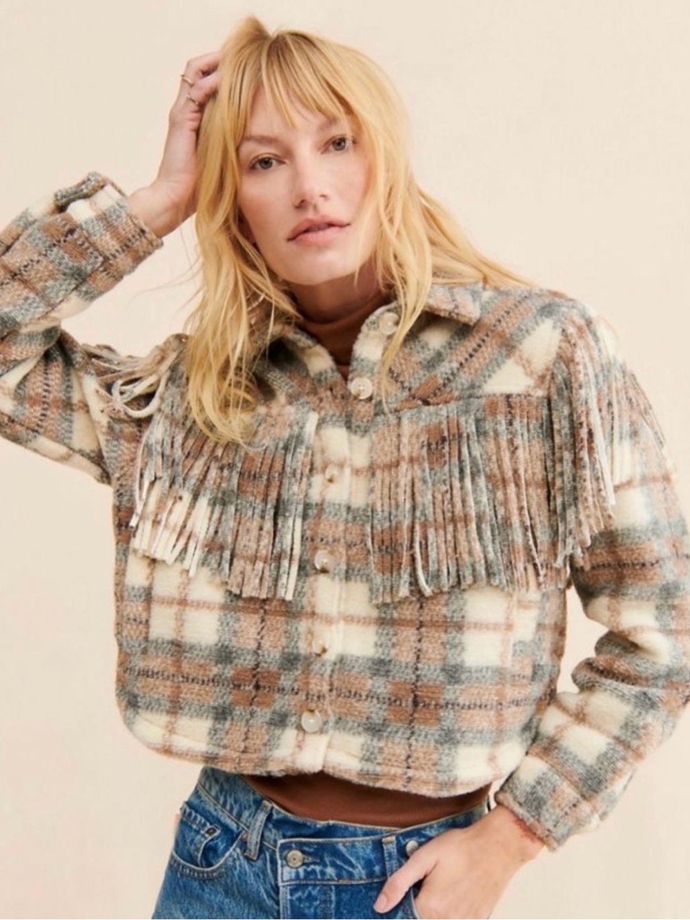 Blank NYC Cropped Fringe Plaid Jacket - Cream, Tan & Gray
